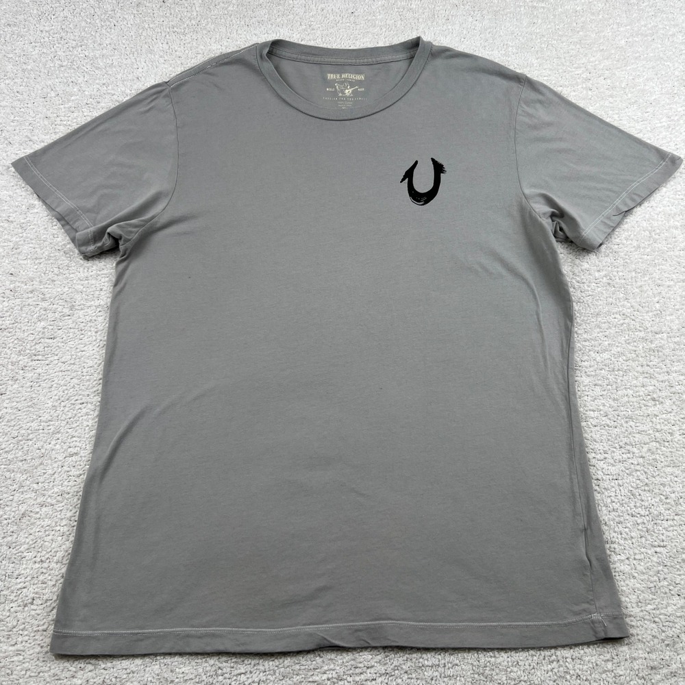 True Religion Womens XL Grey Short Sleeve Horseshoe Logo Graphic‎ T-Shirt Cotton